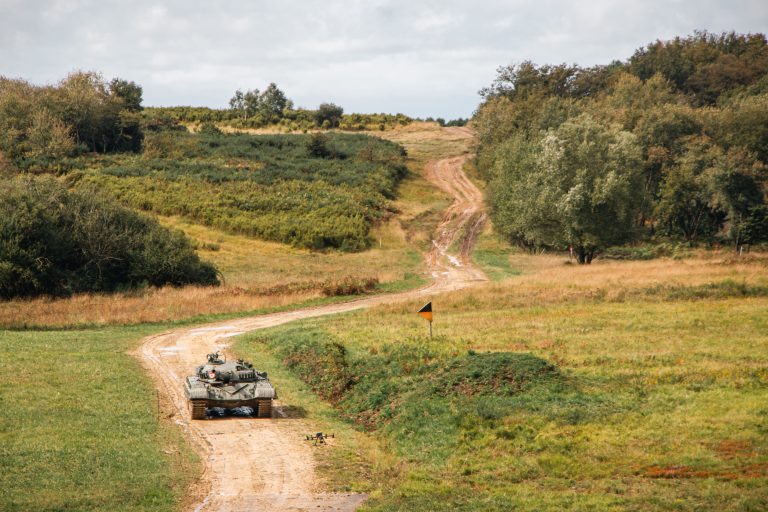 Battle tank (T-72) tracked by a drone during a scenario — Fontevraud, France (September 2024)
